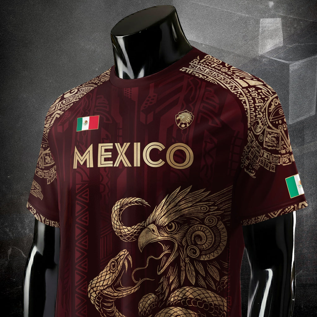 Mexico Red Gold Eagle And Serpent Heritage Soccer Jersey